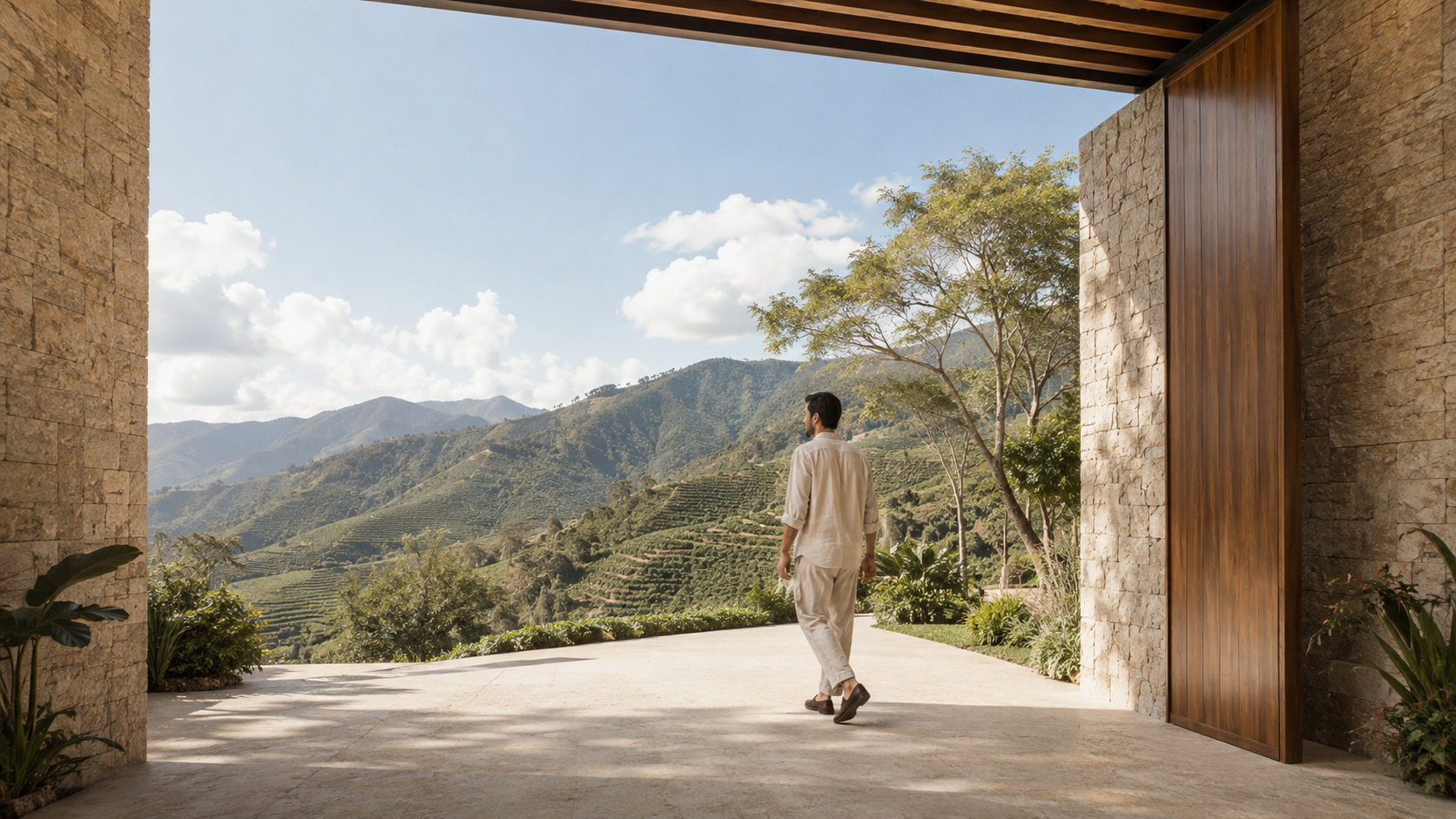 A guest moving through a quiet VAERA threshold into the Colombian landscape